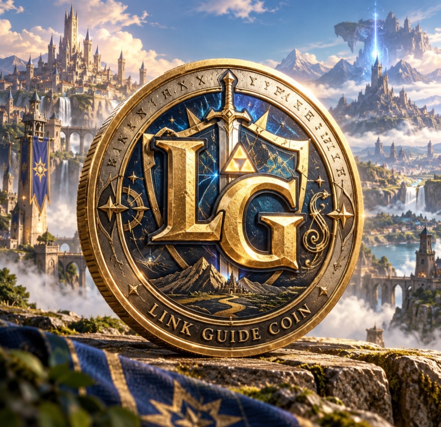 Goldene Link-Guide-Münze mit den Buchstaben LG vor einer Fantasy-Landschaft